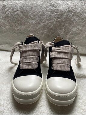 Rick Owens Black Canvas and White Toe Cap High-Top Sneakers with Cream Laces